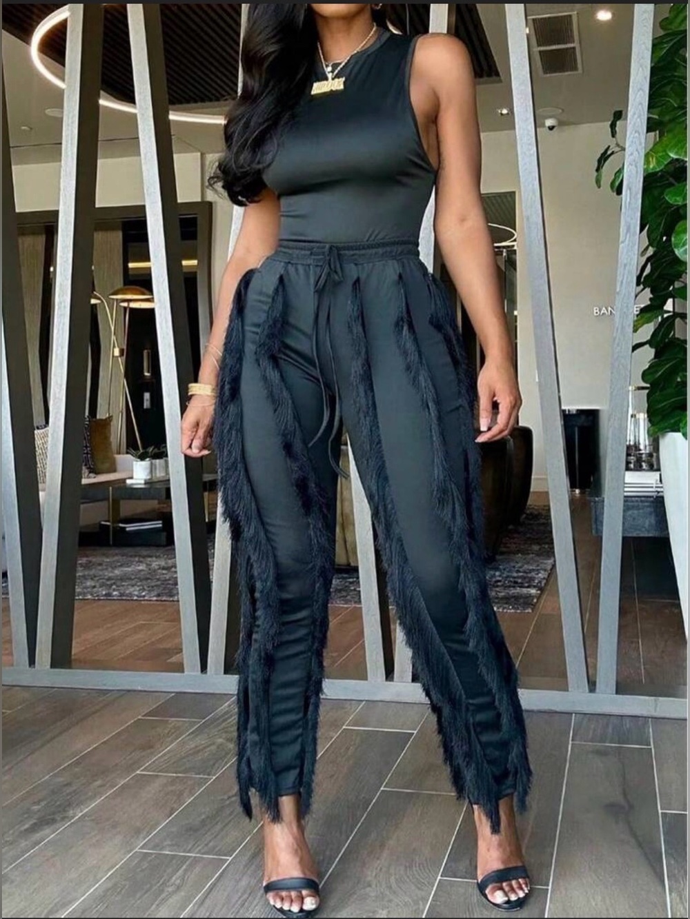 Black Fringe Detail Jogger Pants